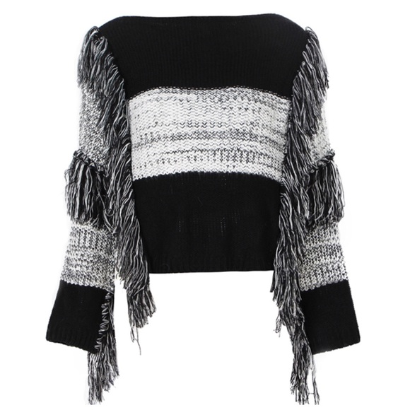 Patchwork Long Fringe Black & Gray Sweater - Picture 7 of 9